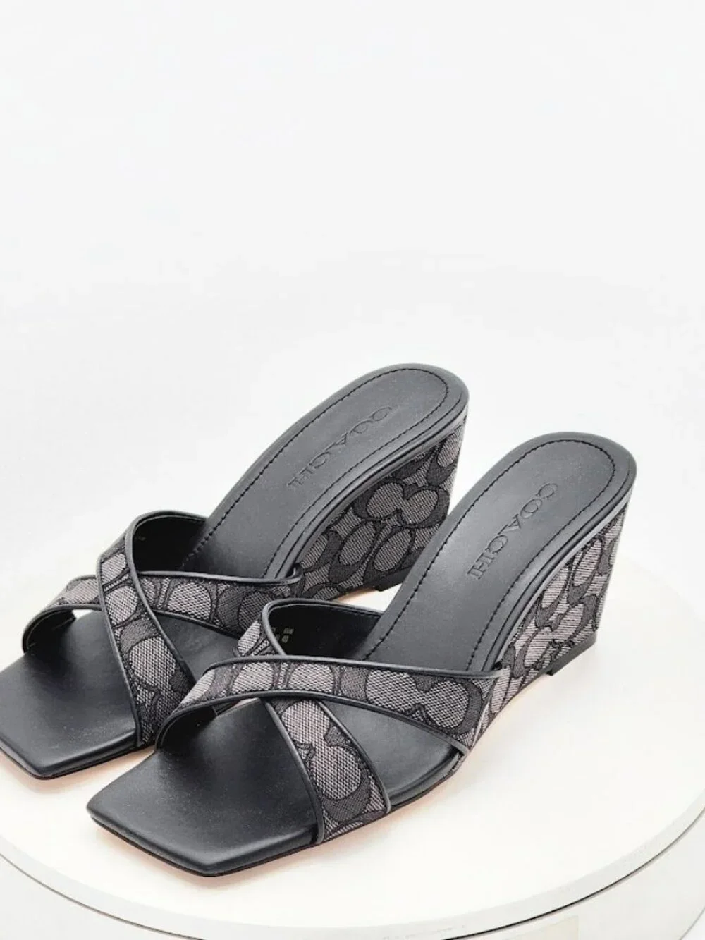 Coach Signature C Black Gray Wedge Slide Sandals Women’s Size 9.5 B NEW